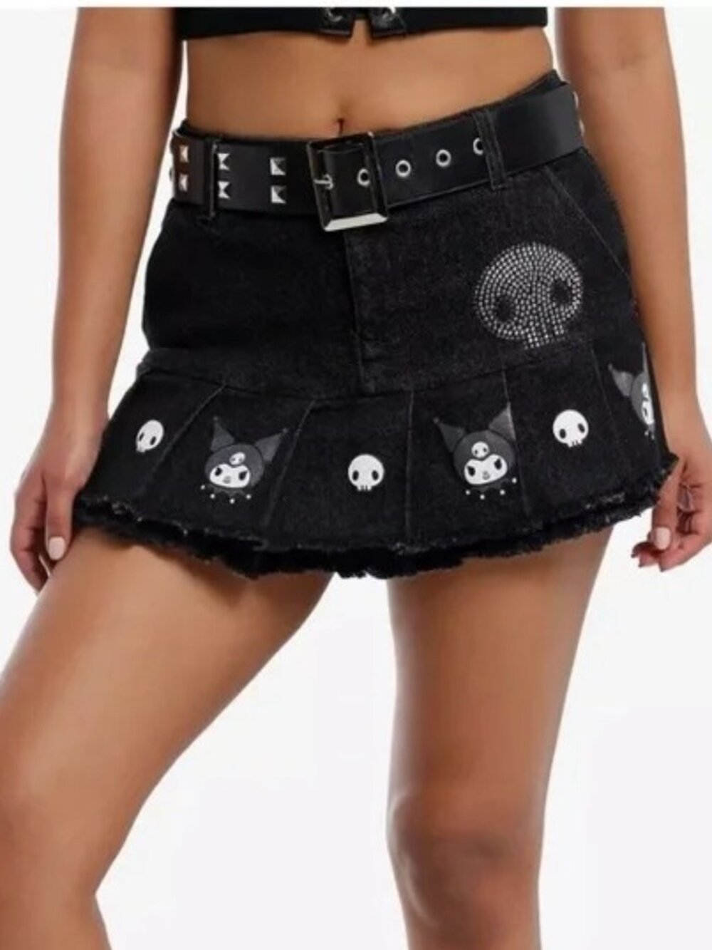 Kuromi by Sanrio Rhinestone Pleated Black Denim Mini Skirt ** Size Large